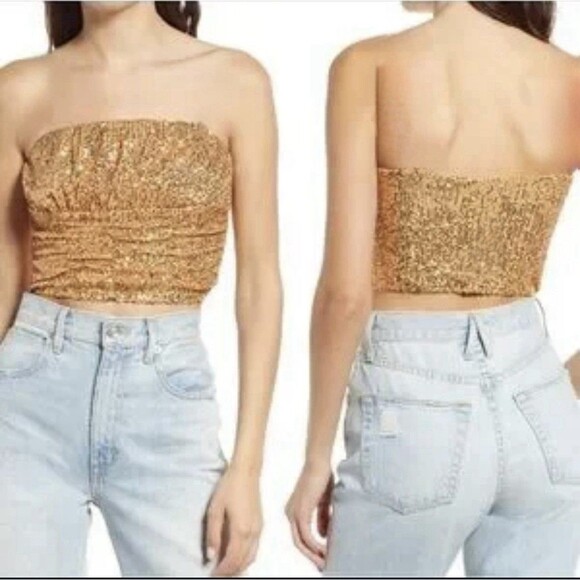 Free People XS Ta Da Sequin Embellished Crop Top Gold No Straps Y2K Party Club - Picture 4 of 16